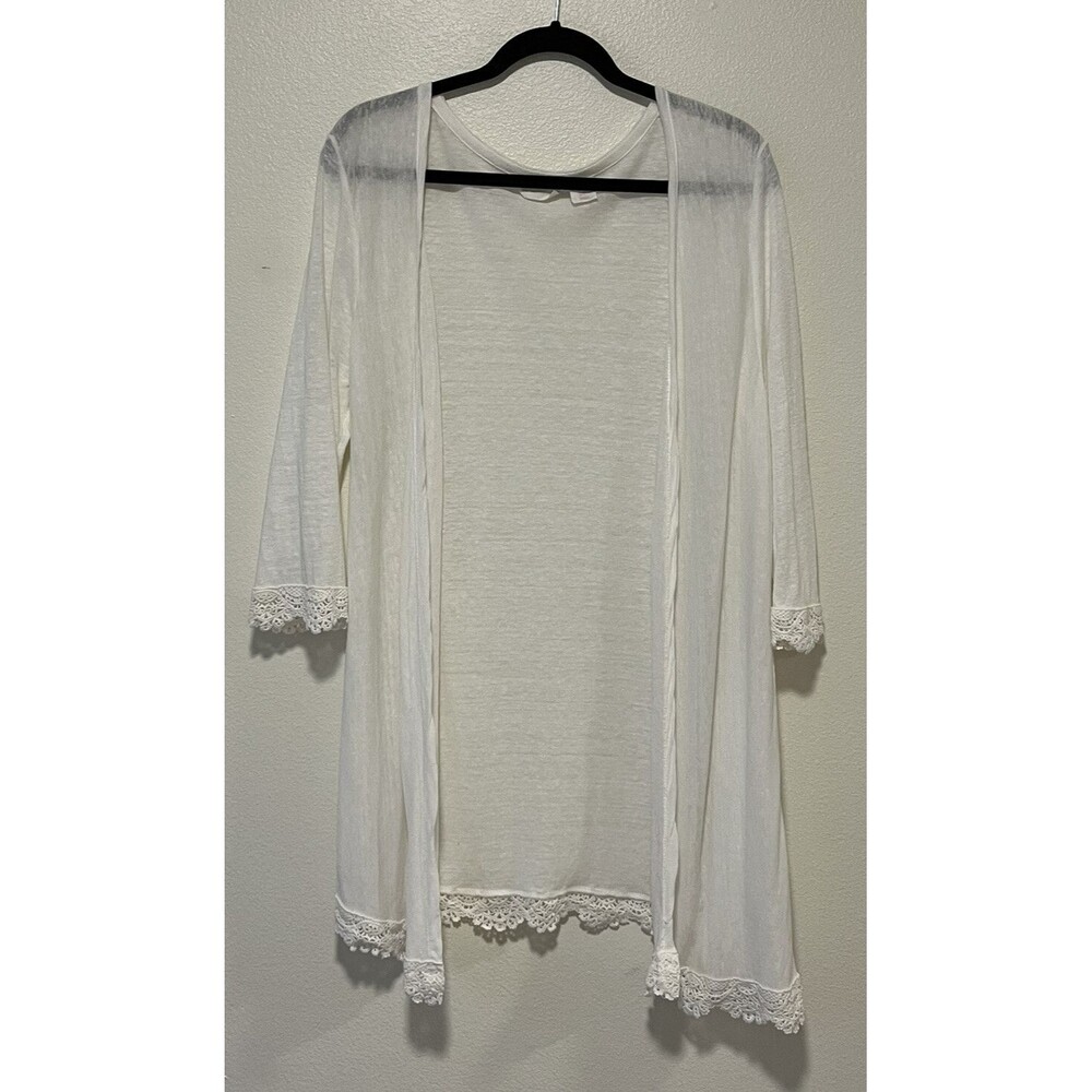 Rachel Ashwell Linen Blend Cardigan Size Large Crochet Lace Trim Boho Beach